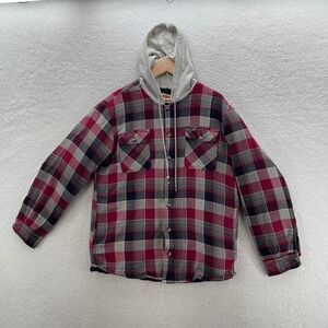 Wrangler Jacket Men's Large Red Black Flannel Shacket Quilt Lined Plaid Hoodie